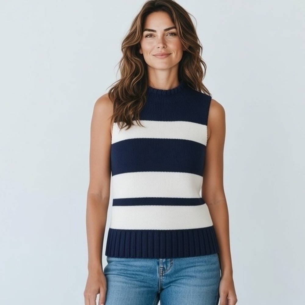 Rafaella Navy Blue White Striped Mock Neck Sleeveless Sweater Shell S Small